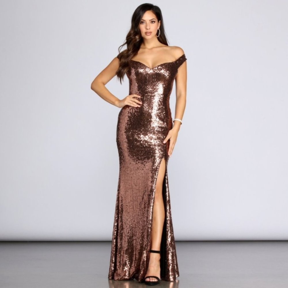 ANIKA OFF THE SHOULDER SEQUIN DRESS